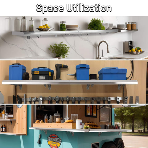Drop Down Concession Shelf 48 By 12 Inches Stainless Steel Foldable Stand Shelf For Snack Bar Food Cart And Movie Theater Commercial Grade Heavy Duty Concession Rack displayed in various settings.