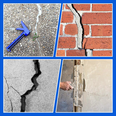 Images showing cracks in concrete and brick walls; foam backer rod for gaps in concrete joints 1 inch by 10 feet for crack repair.