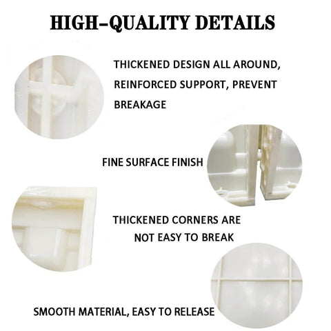 Close-up details of 2 Pack Precast Baluster Rail Concrete Molds showing thickened design, fine surface, durable white material for balcony railings.