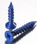 Two blue flat head 3/16''x1-1/4 concrete screw anchors shown against a white background, focus keyword: ✝️ Wensilon WenSilon(30 PCS) 3/16''x1-1/4 Concrete Screw Anchor Blue Flat Head for Anchoring to Masonry, Block or Brick Stucco.