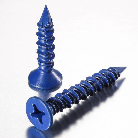 Two blue flat head 3/16''x1-1/4 concrete screw anchors shown against a white background, focus keyword: ✝️ Wensilon WenSilon(30 PCS) 3/16''x1-1/4 Concrete Screw Anchor Blue Flat Head for Anchoring to Masonry, Block or Brick Stucco.