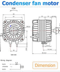 Diagram of YZF18-25 Fan AC Motor 120V 18W 1.01A 60Hz Shaded Pole Condenser Motor with dimensions and wiring details.