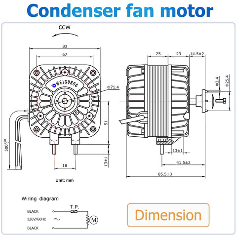 Diagram of YZF18-25 Fan AC Motor 120V 18W 1.01A 60Hz Shaded Pole Condenser Motor with dimensions and wiring details.
