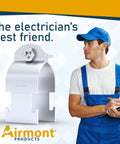 Image of a 2 Inch Rigid Conduit Clamp next to an electrician in blue overalls with the text 'The electrician's best friend.'