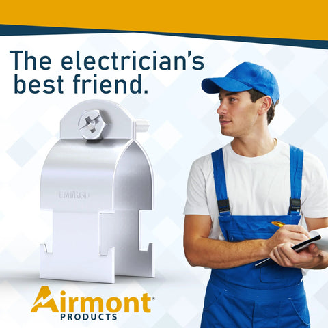 Image of a 2 Inch Rigid Conduit Clamp next to an electrician in blue overalls with the text 'The electrician's best friend.'