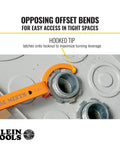 Conduit Locknut Wrench Set with Opposing Offset Bends in use on locknuts, showing opposing bends for tight spaces installation, Klein Tools.