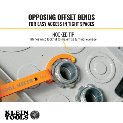 Conduit Locknut Wrench Set with Opposing Offset Bends in use on locknuts, showing opposing bends for tight spaces installation, Klein Tools.