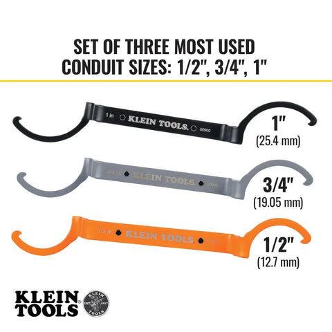 Conduit Locknut Wrench Set With Opposing Offset Bends For Tight Spaces One Half Inch, Three Quarter Inch, And One Inch Sizes