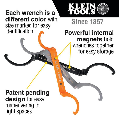 Conduit Locknut Wrench Set With Opposing Offset Bends For Tight Spaces One Half Inch, Three Quarter Inch, And One Inch Sizes