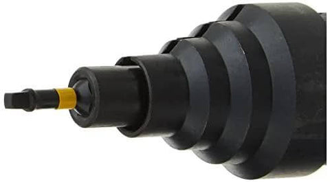 Side view of Impact Ready Conduit Reamer For Quarter Inch Hex Shank Impact Drivers Drilling Holes From One Eighth To One Half Inch In Metal Wood Or Plastic One Piece Ground Design Delivers Up To Five Times More Durability Web Taper Increases Rigidity DeWalt DWA2600IR.