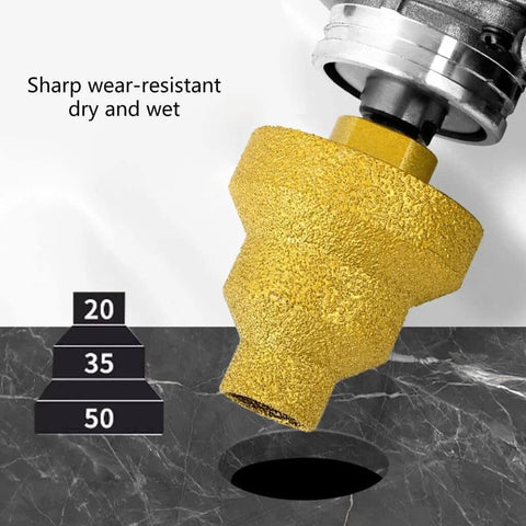 Close-up of step drill bit set 20 35 50mm 3 pack pro grade cone drill bits in use on marble surface for precise hole enlargement.