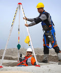 Confined Space Rescue Tripod Kit With 2600lbs Winch in use above a well, featuring 7-foot adjustable tripod and steel cable for emergency rescue.