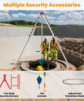 Confined Space Rescue Tripod Kit with 2600lbs Winch set up over sewer, showing accessories and two workers in safety gear.