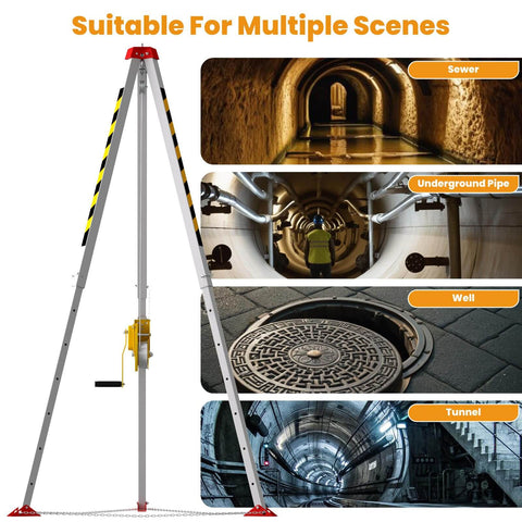 Confined Space Rescue Tripod Kit With 2600lbs Winch, 7-Foot Adjustable Rescue Tripod, 98.4-Foot Steel Cable, Fall Arrester in sewer use