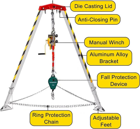 Confined Space Tripod System With Self Locking Winch And Safety Harness, Emergency Rescue Gear For Pipe Repair And Sewer Cleaning