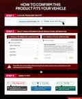 Infographic showing steps to confirm product fit for vehicle on Amazon