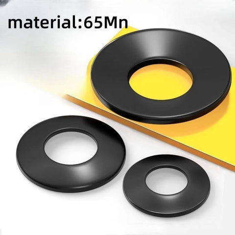 Three sizes of 65Mn Conical Belleville Cup Washers on a yellow background.