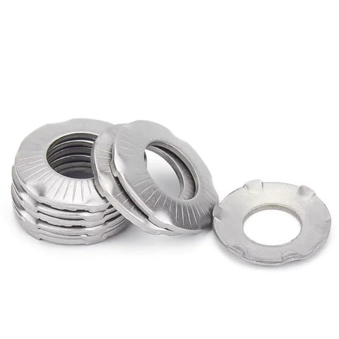 Conical Disc Spring Cup Washers 304 Stainless Steel 5 16 Inch 10 Pack stacked, front view of metal washers.