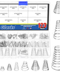 123-Piece Tower Conical Spring Set With 10 Sizes Go-To, 0.3, 0.5, 0.7, 0.8 and 1mm Tapered Compression Springs in display case