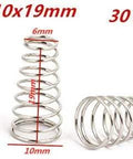 Conical Compression Springs Set Metal Tapered Springs Silver Tone 10x6x19mm 30 Pieces shown upright and laid flat