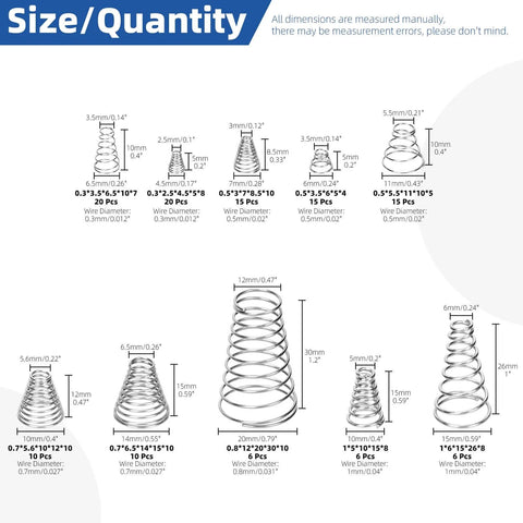 123-Piece Tower Conical Spring Set With 10 Sizes Go-To, 0.3, 0.5, 0.7, 0.8 and 1mm Tapered Compression Springs for Home Repair