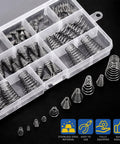 123-Piece Tower Conical Spring Set With 10 Sizes Go-To, 0.3, 0.5, 0.7, 0.8 and 1mm Tapered Compression Springs for Home Repair in box