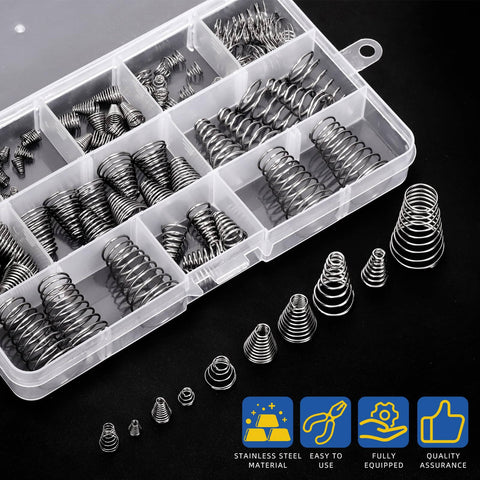 123-Piece Tower Conical Spring Set With 10 Sizes Go-To, 0.3, 0.5, 0.7, 0.8 and 1mm Tapered Compression Springs for Home Repair in box