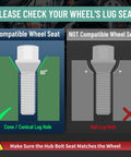 Guide for selecting M14x1.5 Extended Lug Bolts with 40mm Shank, showing compatible conical seat vs. non-compatible ball seat.