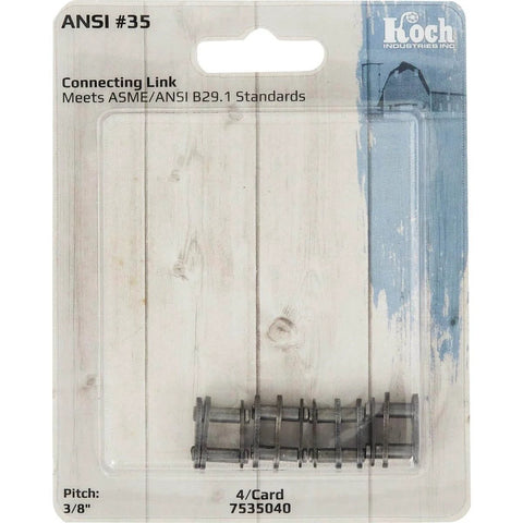 Speeco Farmex S66351 Connecting Link for heavy duty roller chain in packaging, ANSI #35 standard, 3/8 inch pitch, 4 pieces.