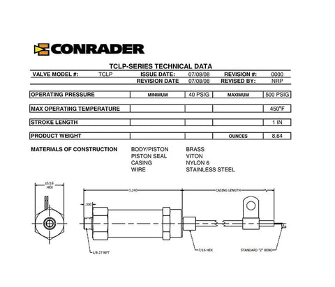 Diagram of Conrader TCLP-Series Valve with specifications