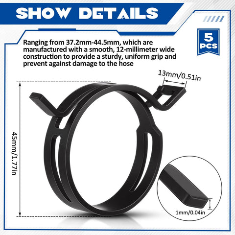5 Pieces Constant Tension Band Hose Clamps Black 12mm Width Fuel Line Clips 43.5mm To 53mm Range Durable 65Mn Material For Plastic And Rubber Hoses