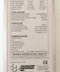 Back view of Construction Master IV Pocket Size Calculator with settings and technical support details.