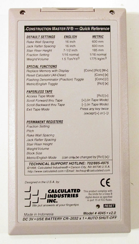 Back view of Construction Master IV Pocket Size Calculator with settings and technical support details.