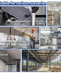 Collage of industrial settings including solar panel installation and warehouse shelving.