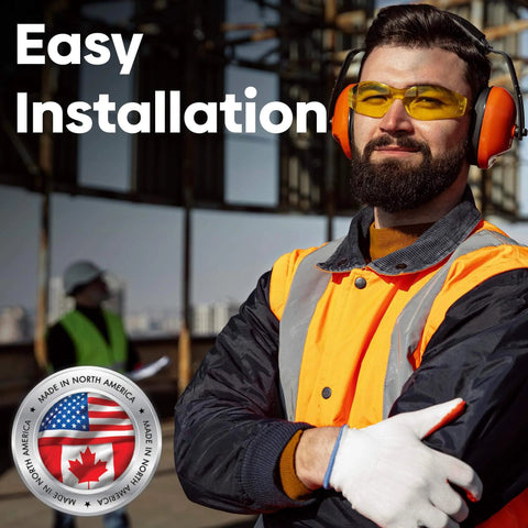 Construction worker wearing safety gear with 'Easy Installation' text and 'Made in North America' badge