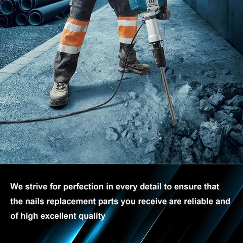 Worker using Pneumatic Air Chisel Set With Air Hammer Spring and Comprehensive Bit Collection for demolition on concrete surface.