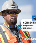 Construction worker wearing reusable banded earplugs for work hearing protection with neck cord, high visibility green and blue.