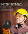 Person in safety gear holding angle grinder, promoting Soft Disposable Corded Ear Plugs Pack Of 100 Pairs With 32 dB Noise Reduction