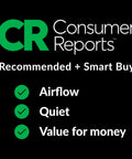 Consumer Reports graphic with check marks for airflow, quiet operation, and value for money recommendations.