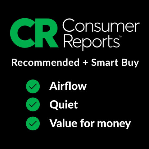 Consumer Reports graphic with check marks for airflow, quiet operation, and value for money recommendations.
