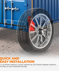 2 Pack Shipping Container Wheels 6 Lug Axles Kit With Ratchet Tie Down For Moving Empty 20 Ft To 40 Ft Containers, installed on a blue container