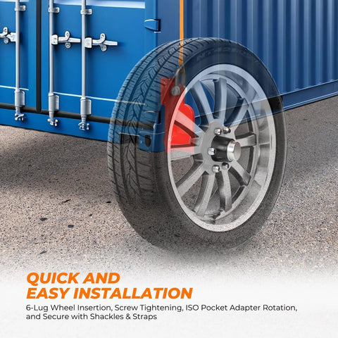 2 Pack Shipping Container Wheels 6 Lug Axles Kit With Ratchet Tie Down For Moving Empty 20 Ft To 40 Ft Containers, installed on a blue container