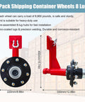 Heavy Duty Container Wheel Kit For 20ft And 40ft Empty Shipping Containers With 8 Lug Wheels, Strong Axles And Ratchet Tie Downs, Each Carrier Supports Up To 8800 Lb, Enables Easy Safe Moving Of Empty Containers Red, front and side view