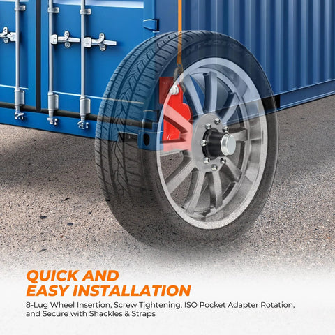 8 Lug Steel Shipping Container Wheel Kit With Ratchet Tie Downs For Moving Empty 20ft To 40ft Containers, side view