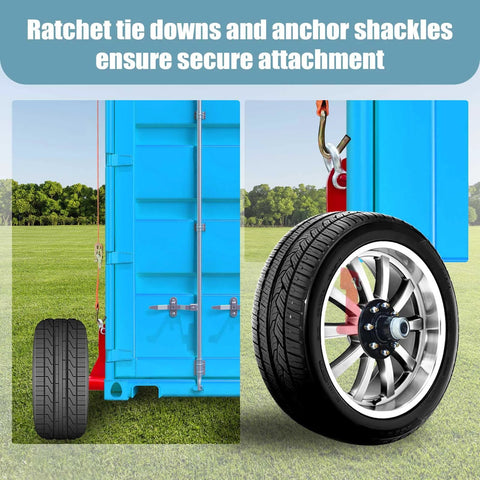 Heavy Duty Container Wheel Kit For 20ft And 40ft Empty Shipping Containers With 8 Lug Wheels, installed on blue container