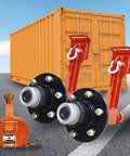 Heavy Duty Container Wheel Kit With Six Lug Wheels And Carbon Steel U Shackle Bundles For Moving 20 To 40 Foot Shipping Containers Includes Two Wheel Units, Two U Shackles, And One 32 Inch Ratchet Strap For Secure Relocation in front of an orange container.