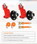 2 Pack Shipping Container Wheels 6 Lug Axles Kit With Ratchet Tie Down for moving 20ft to 40ft containers, components displayed