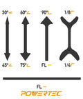 Diagram of Contour Sanding Grips Set With 21 Profiles For Convex Concave Detail Sanding, showing angle and profile options with Powertec logo.