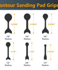Contour sanding pad grips showing radius sizes and dimensions for the Flexible Contour Sanding Set With 3 Foam Pad Thicknesses And 6 Grip Sanding Pads For Contours And Curves, 9 Piece System For Sanding Convex And Concave Profiles Across Irregular Surfaces.