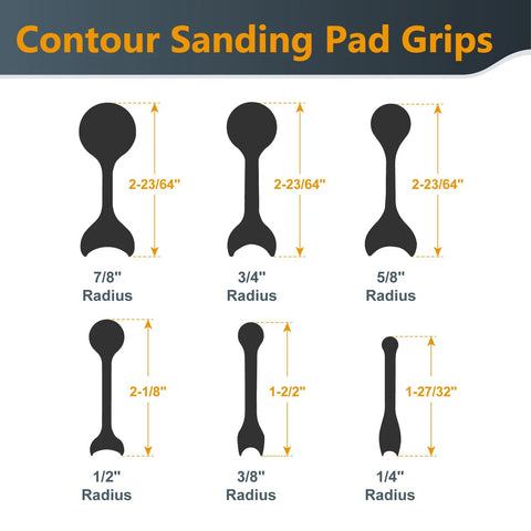 Contour sanding pad grips showing radius sizes and dimensions for the Flexible Contour Sanding Set With 3 Foam Pad Thicknesses And 6 Grip Sanding Pads For Contours And Curves, 9 Piece System For Sanding Convex And Concave Profiles Across Irregular Surfaces.